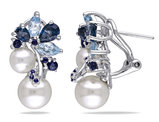 3.0 Carat (ctw) Freshwater Cultured Pearl, Blue Topaz & Sapphire Cluster Earrings Sterling Silver